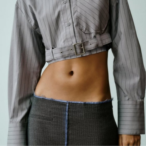 New Zara Striped Crop Shirt Jacket with Belt Bloggers Fave XXL NWT - Picture 3 of 6